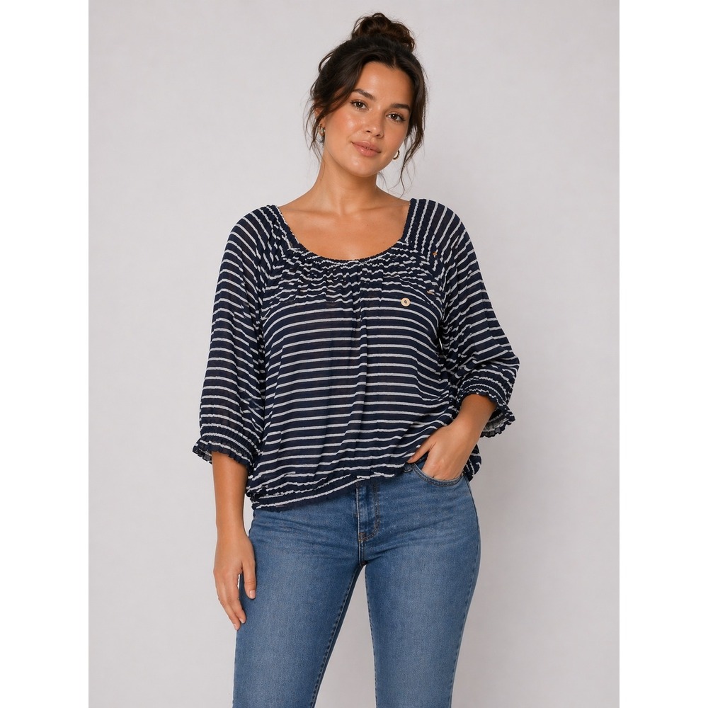 J.Crew Blouse Womens XXS Navy Blue Striped Gauzy Coastal Nautical Top Oversized